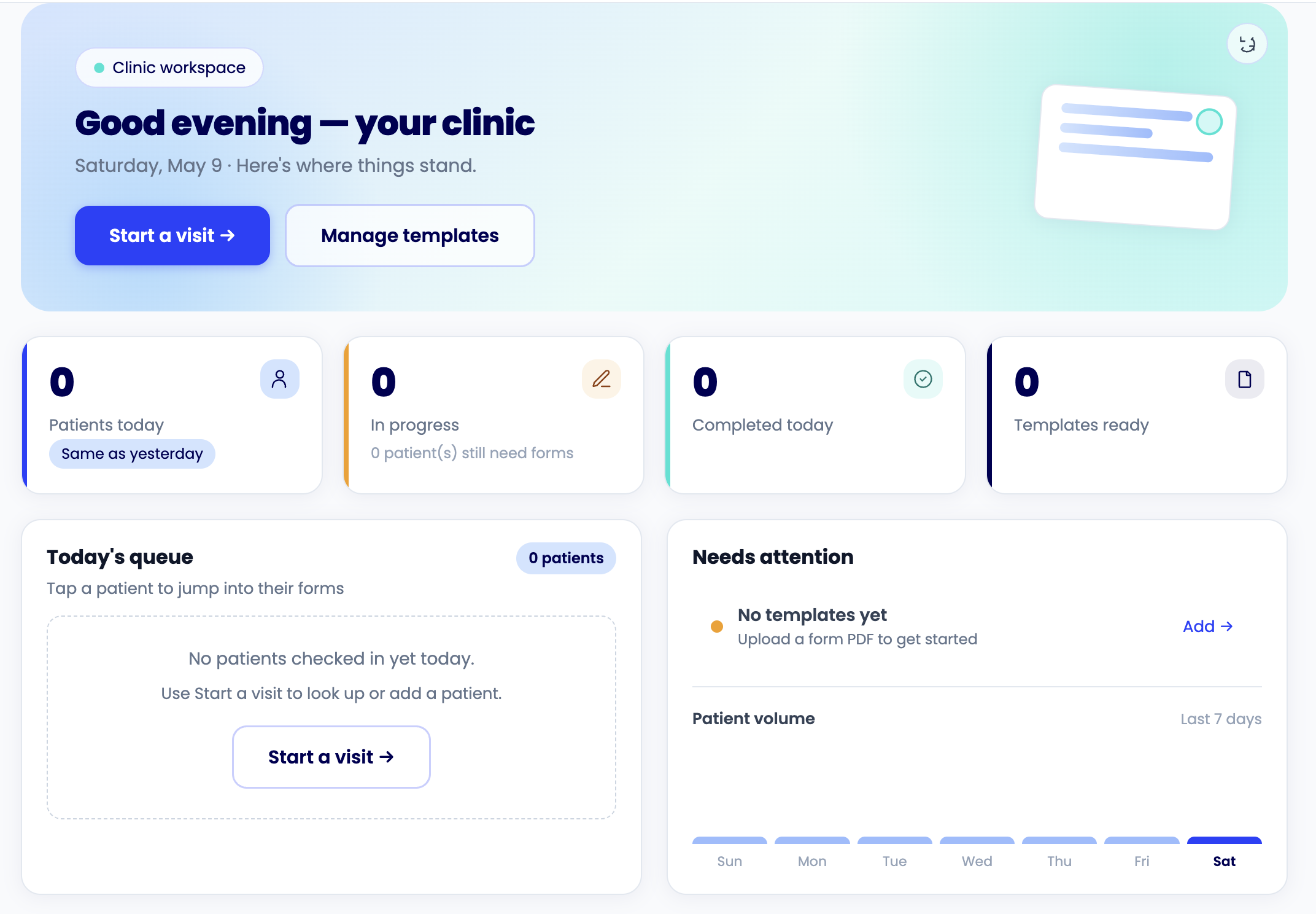 Sorta clinic dashboard showing today's patient queue