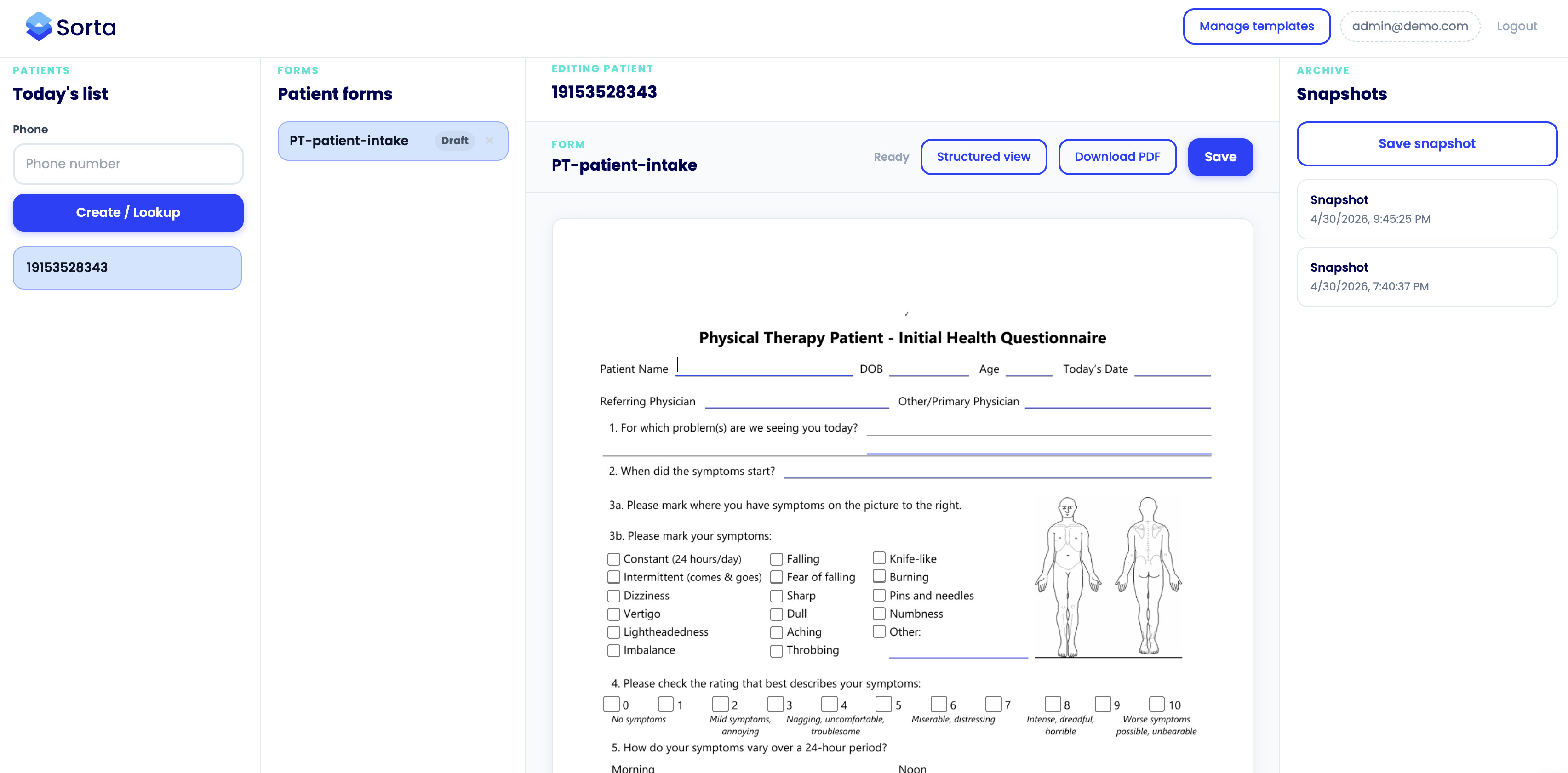 Staff visit workspace showing patient data synced across all forms
